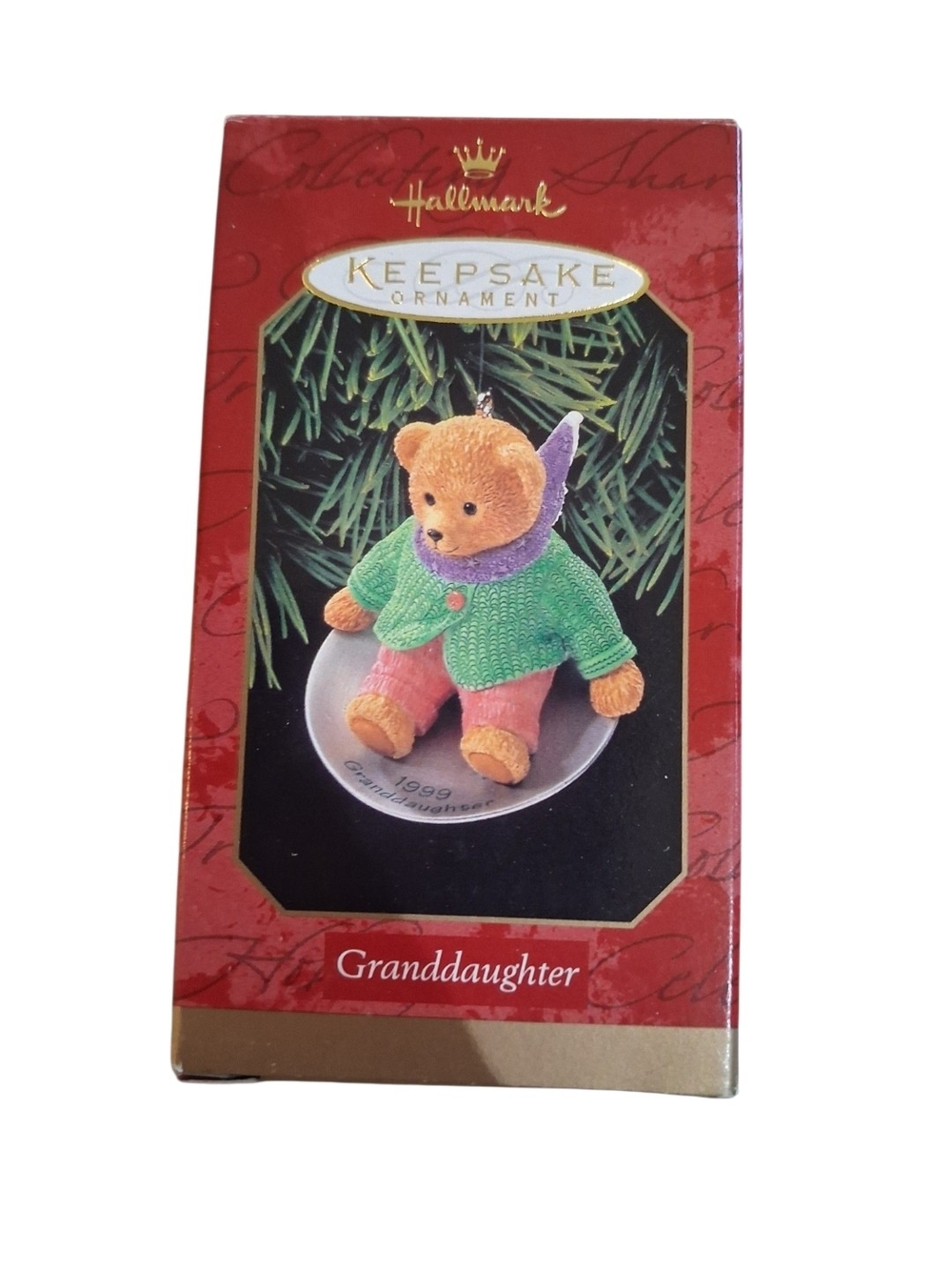 Hallmark Granddaughter Bear Ornament in Green Sweater & Pink Pants